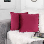 Load image into Gallery viewer, Velvet Cushion Covers Adorned With Pom Poms Set of 2, Maroon
