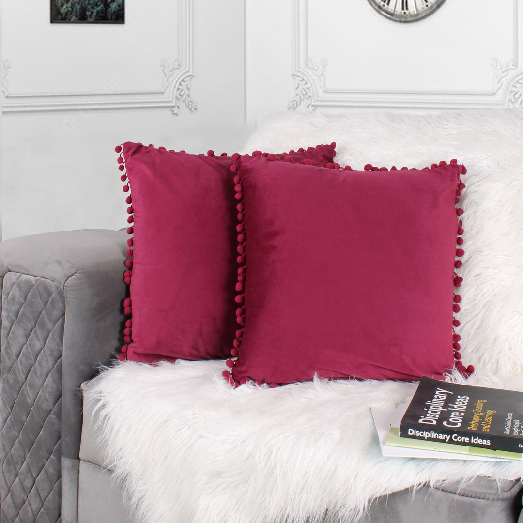 Velvet Cushion Covers Adorned With Pom Poms Set of 2, Maroon