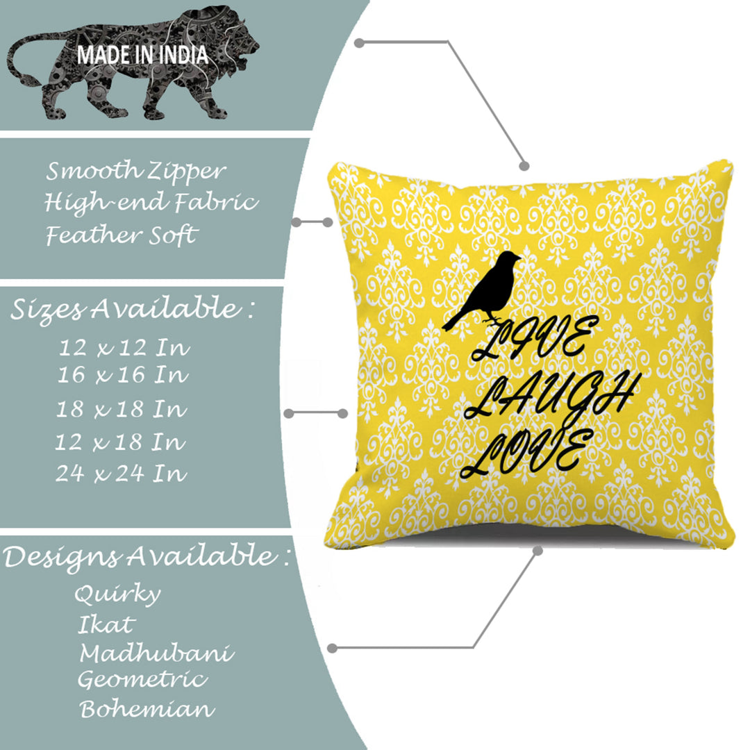 Yellow Bird Floral Printed Canvas Cotton Cushion Covers, Set of 5