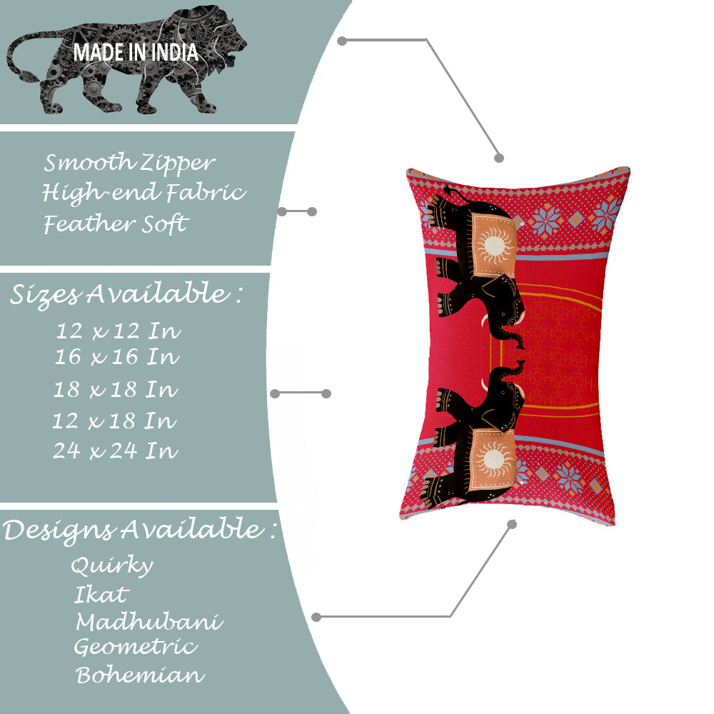 Elephant Printed Cotton Canvas Rectangular Cushion Covers, Set of 2
