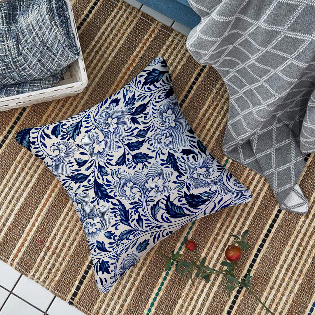 Ethnic Blue Printed Canvas Cotton Cushion Covers, Set of 5