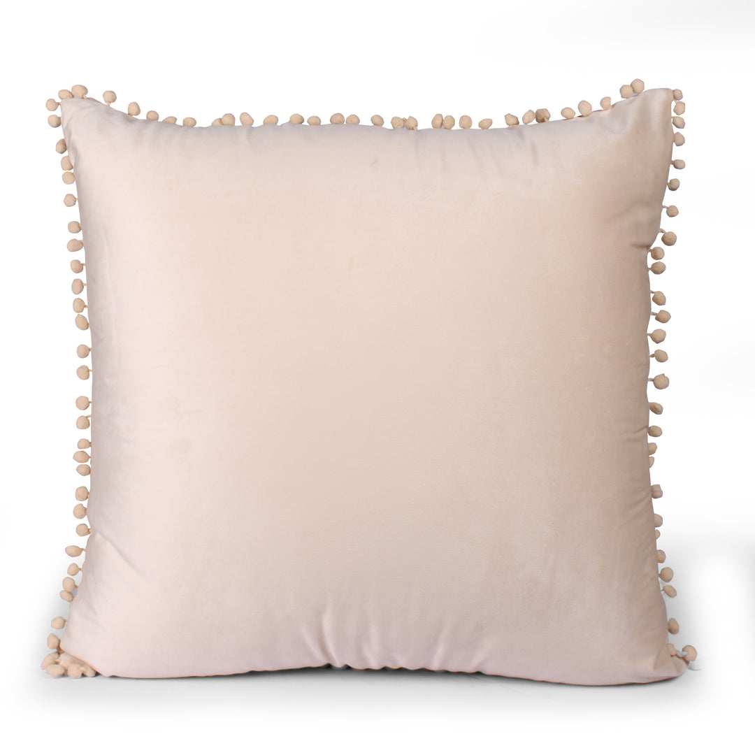 Velvet Cushion Covers Adorned With Pom Poms Set of 5, Beige