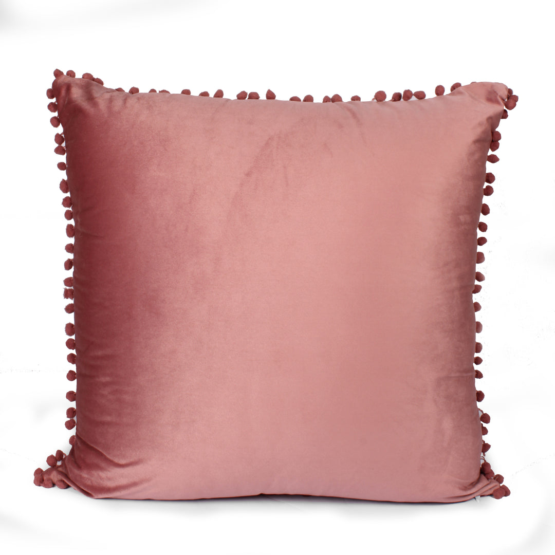 Velvet Cushion Covers Adorned With Pom Poms Set of 5, Peach