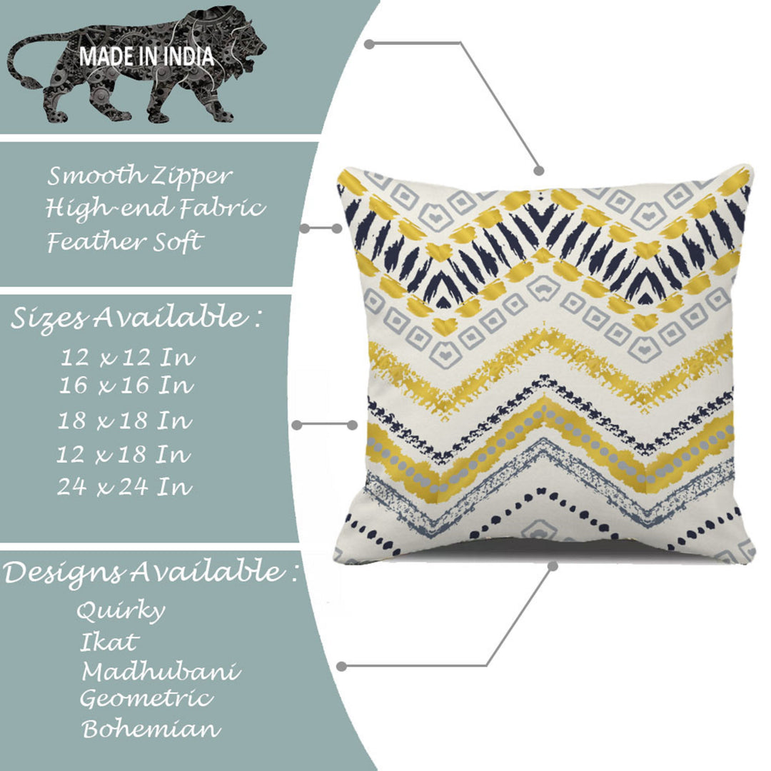 Yellow Geometrical Printed Canvas Cotton Cushion Covers, Set of 5