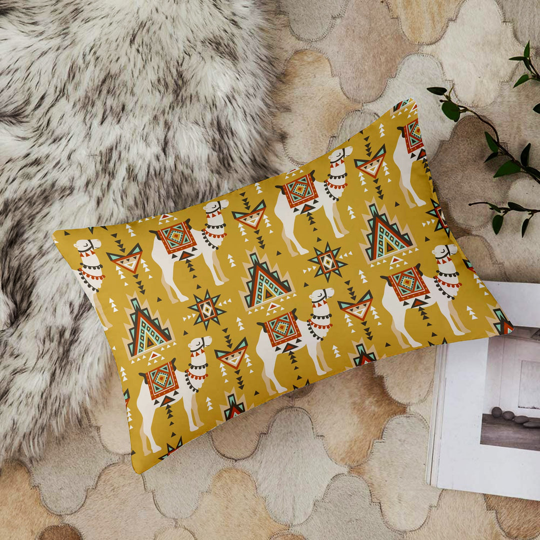 Ethnic Camel Printed Cotton Canvas Rectangular Cushion Cover Set of 2 ( 12 x 18 Inches )