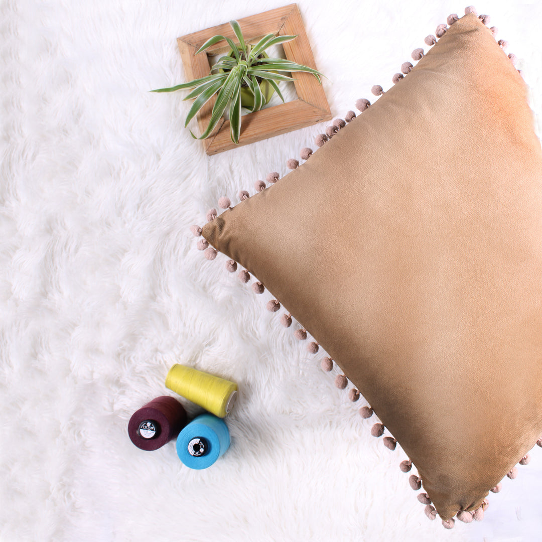 Velvet Cushion Covers Adorned With Pom Poms Set of 5, Brown