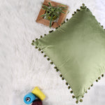 Load image into Gallery viewer, Velvet Cushion Covers Adorned With Pom Poms Set of 2, Mehndi