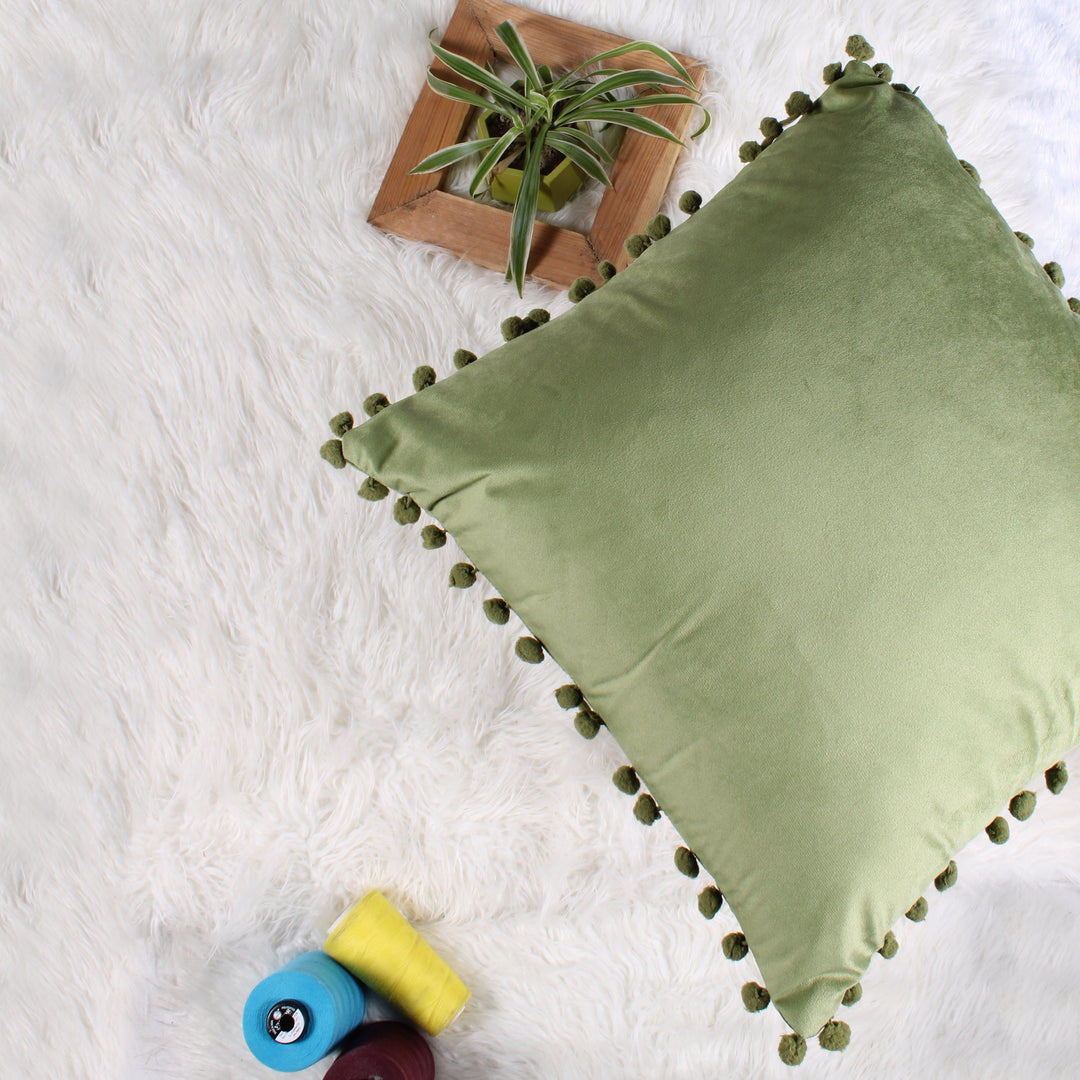 Velvet Cushion Covers Adorned With Pom Poms Set of 2, Mehndi