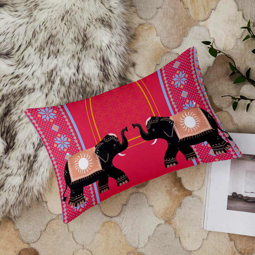 Elephant Printed Cotton Canvas Rectangular Cushion Covers, Set of 2