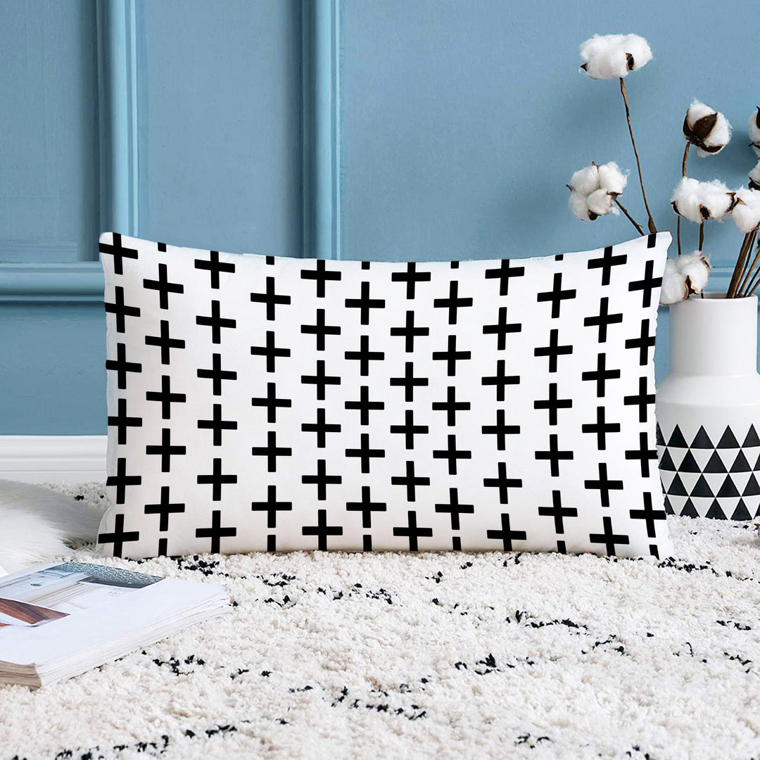 Geometric Black and White Printed Canvas Cotton Rectangular Cushion Cover, Set of 2 ( 12 x 18 Inches )