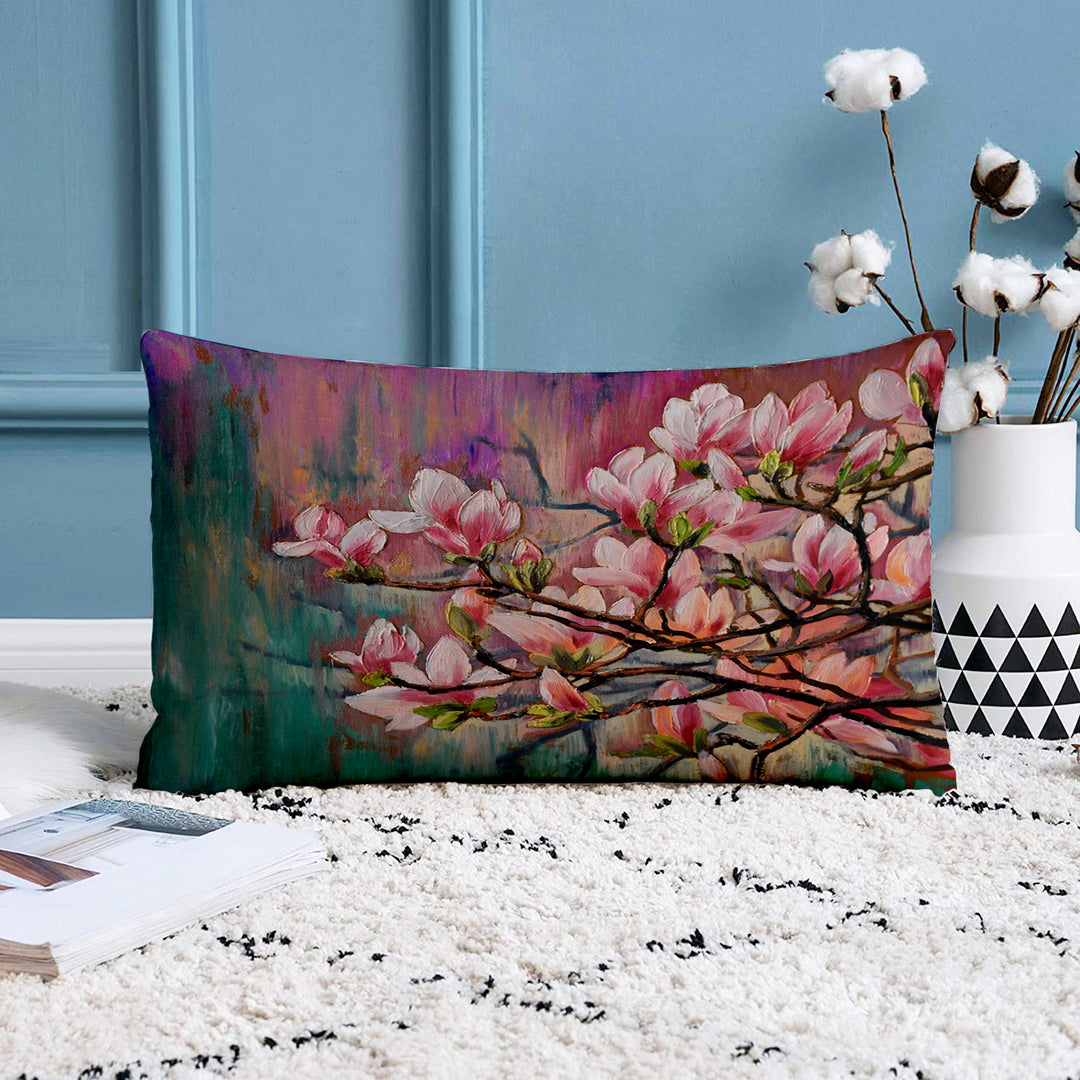 Floral Pink Flower Printed Canvas Cotton Rectangular Cushion Covers, Set of 2 (12 x 18 Inches)