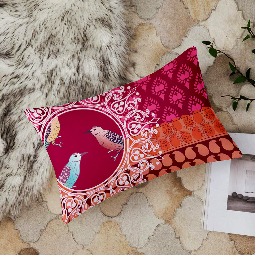 Pink Floral Bird Printed Canvas Cotton Rectangular Cushion Covers, Set of 2