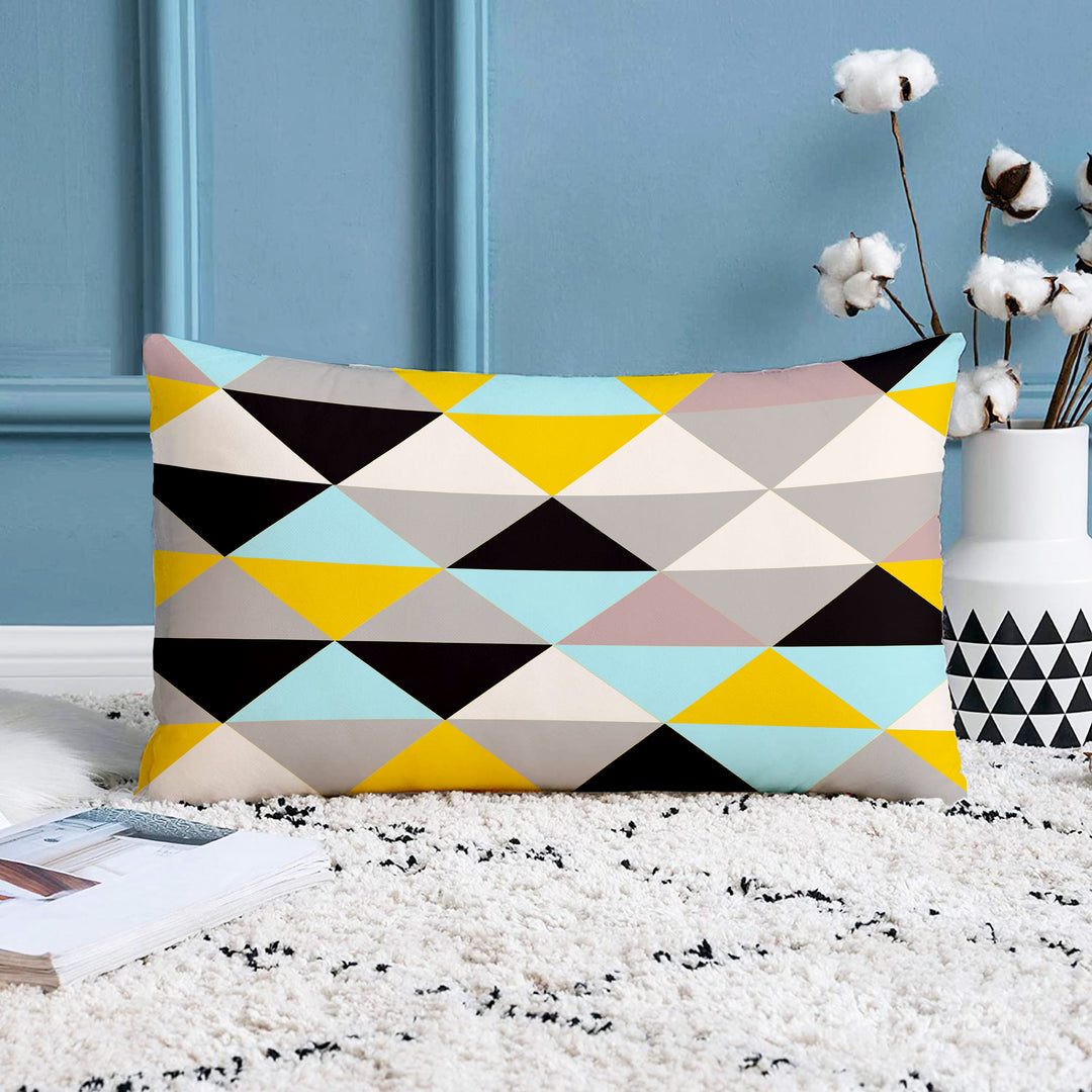 Yellow & Black Geometrical Printed Canvas Cotton Rectangular Cushion Covers, Set of 2