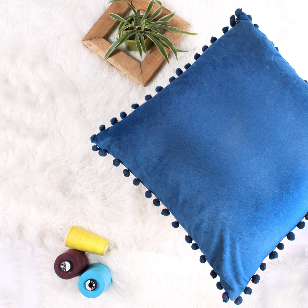 Velvet Cushion Covers Adorned With Pom Poms Set of 5, Blue