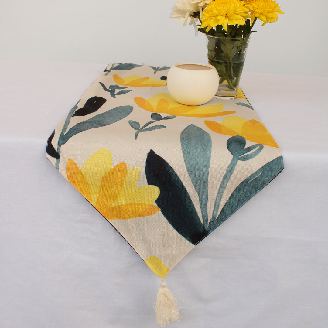 Golden Sunrise Exotic Canvas Table Runner for a Summery Look With Tassel
