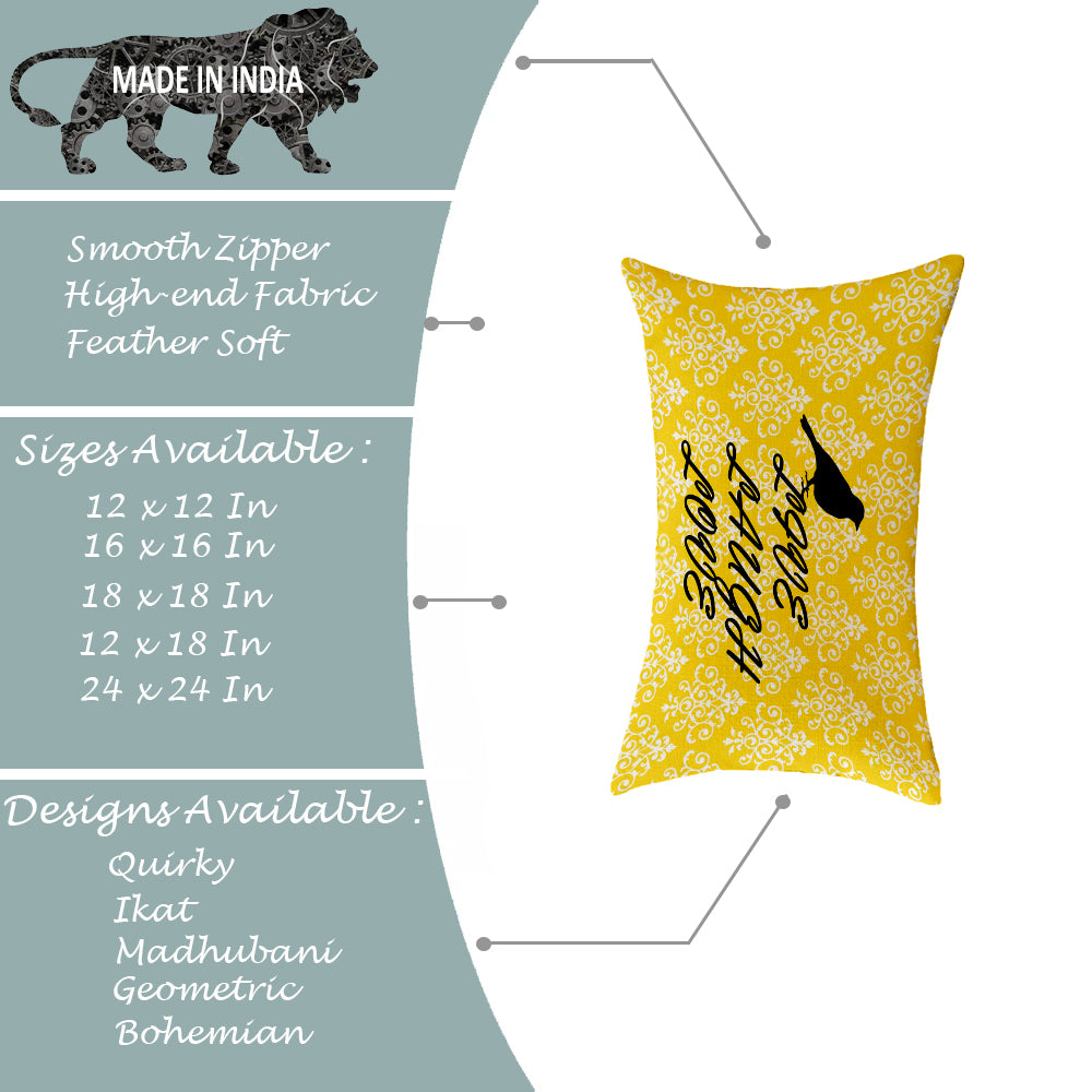 Yellow Bird Floral Printed Canvas Cotton Rectangular Cushion Covers, Set of 2