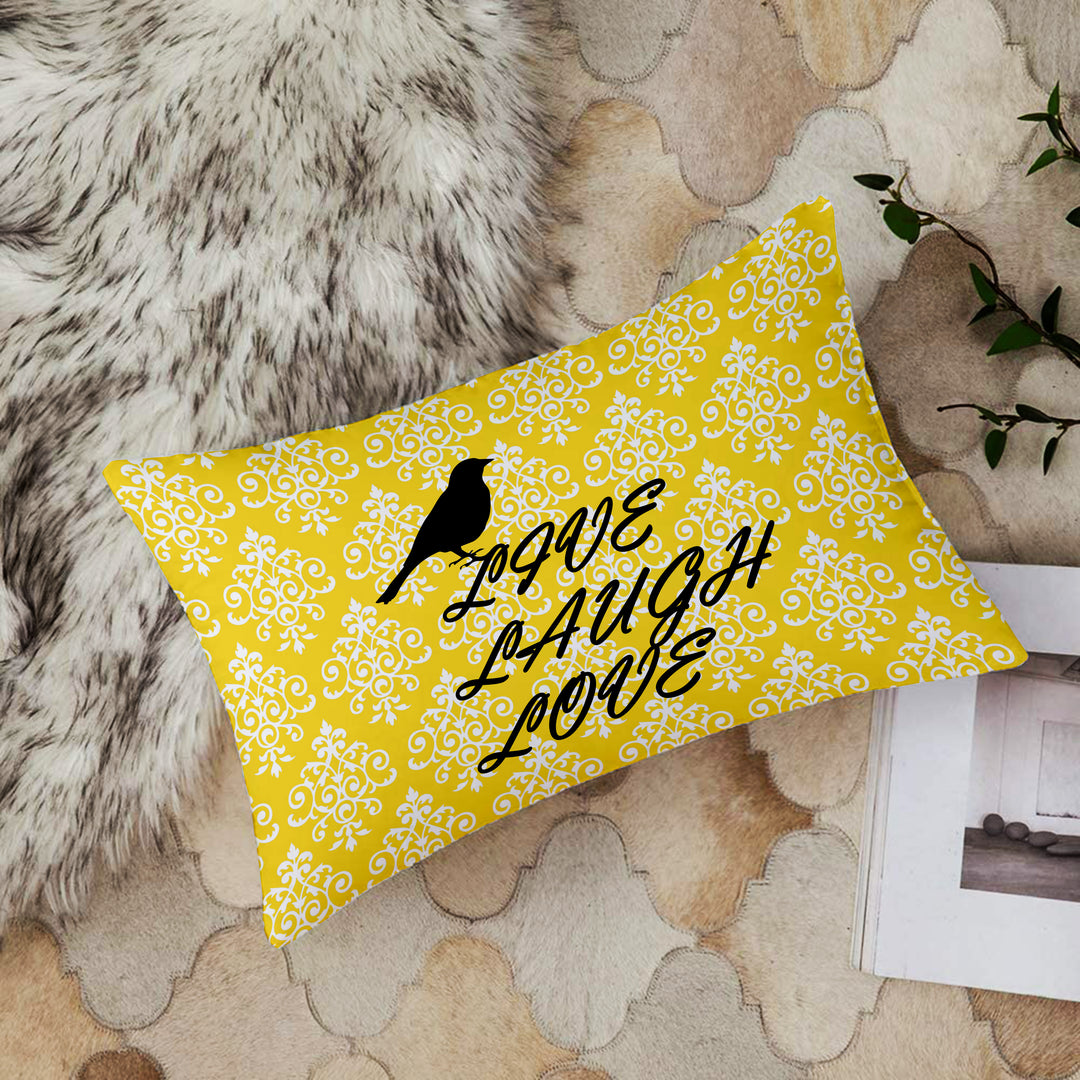 Yellow Bird Floral Printed Canvas Cotton Rectangular Cushion Covers, Set of 2
