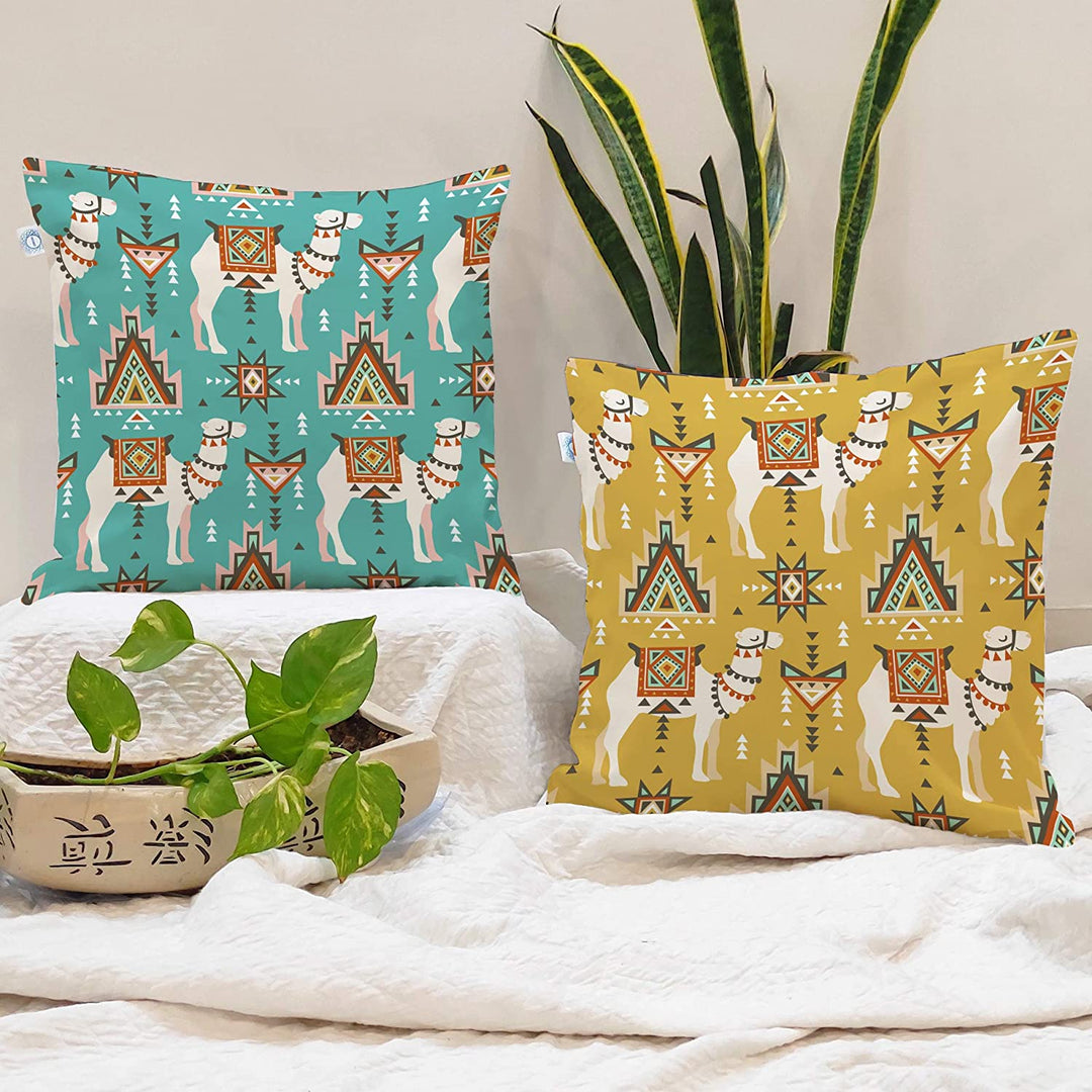 Ethnic Camel Printed Cotton Canva Cushion Cover Set of 2 ( 24 x 24 Inches )