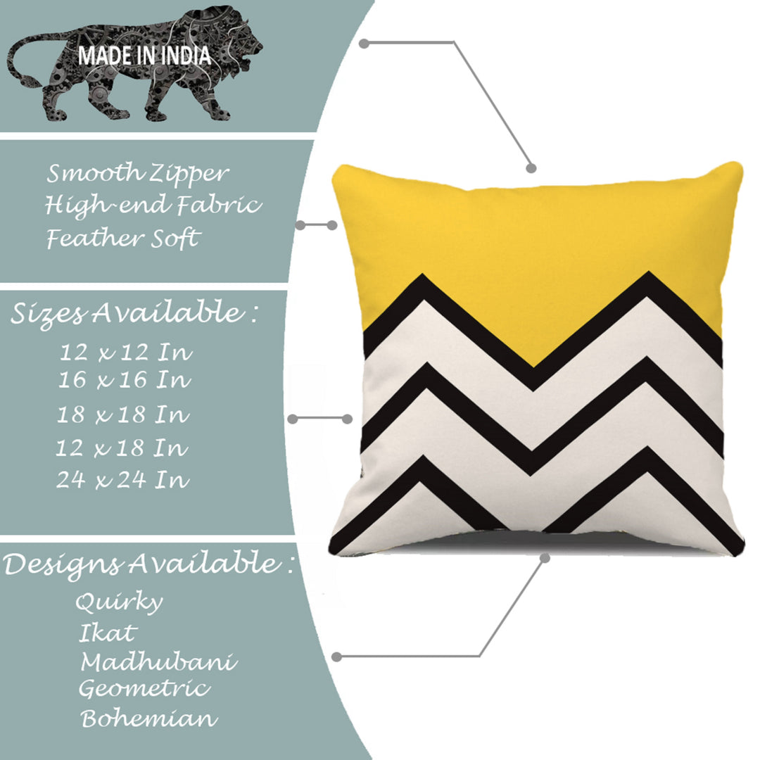 Yellow & Black Geometrical Printed Canvas Cotton Cushion Covers, Set of 5