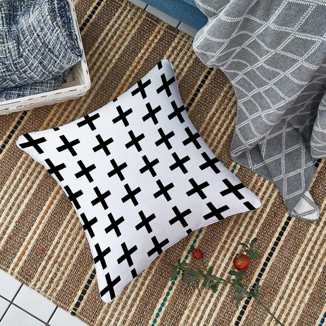 Geometric Black and White Printed Canvas Cotton Cushion Cover, Set of 5