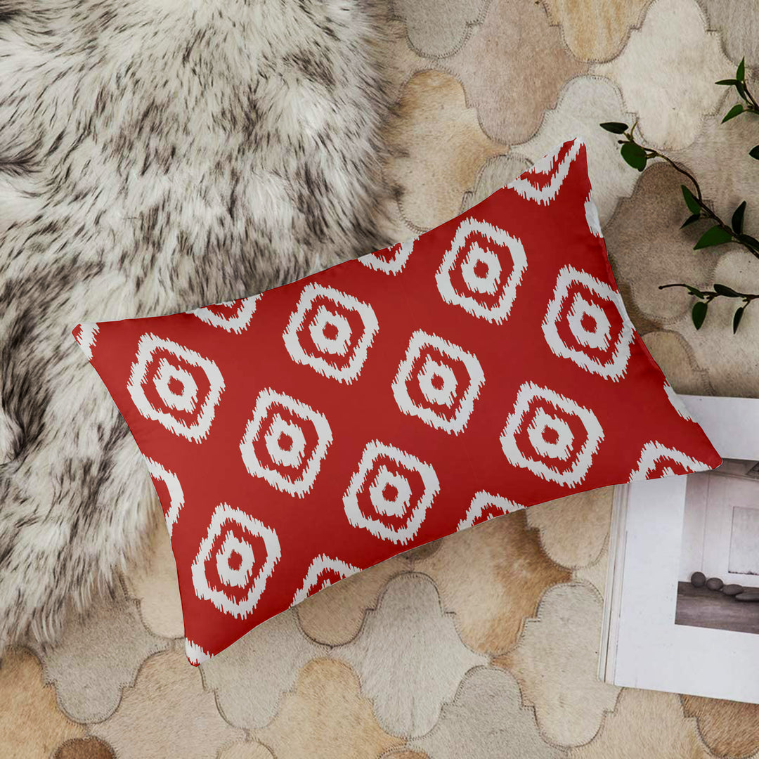 Red Geometrical Ikat Ethnic Printed Canvas Cotton Cushion Covers, Red Set of 2 (12 x 18 Inches)