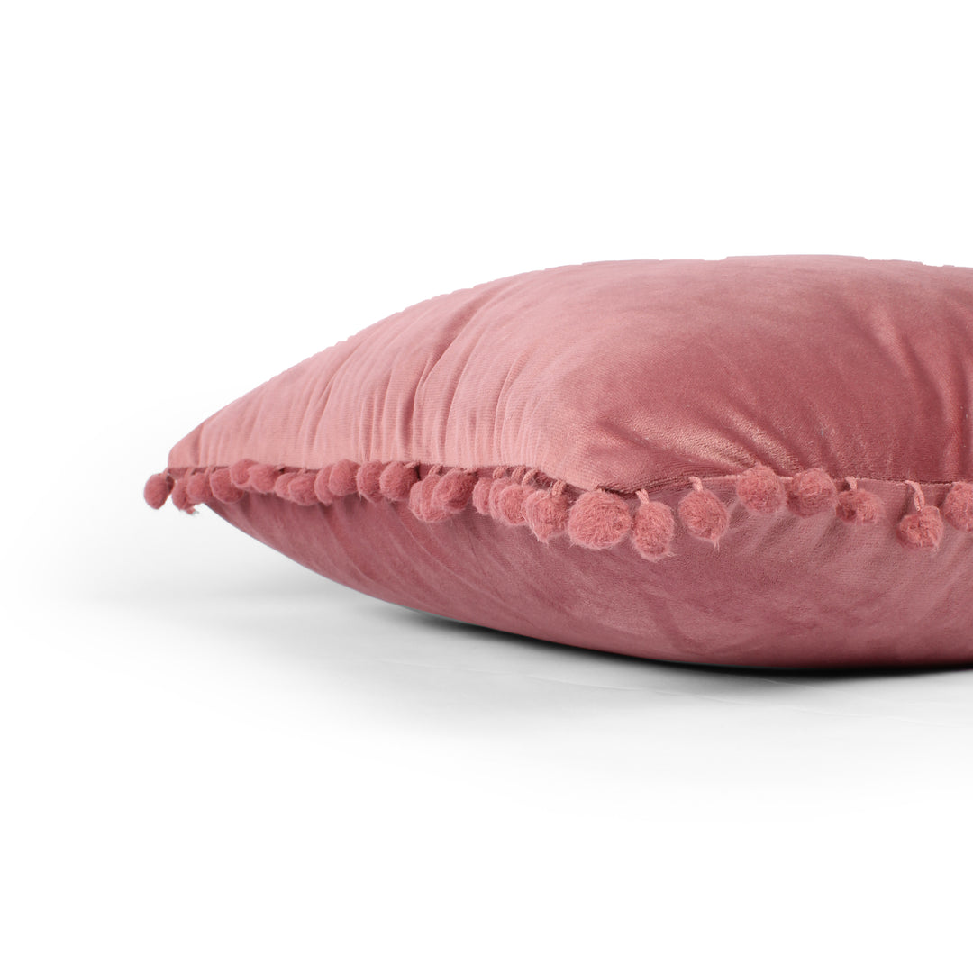 Velvet Cushion Covers Adorned With Pom Poms Set of 5, Peach