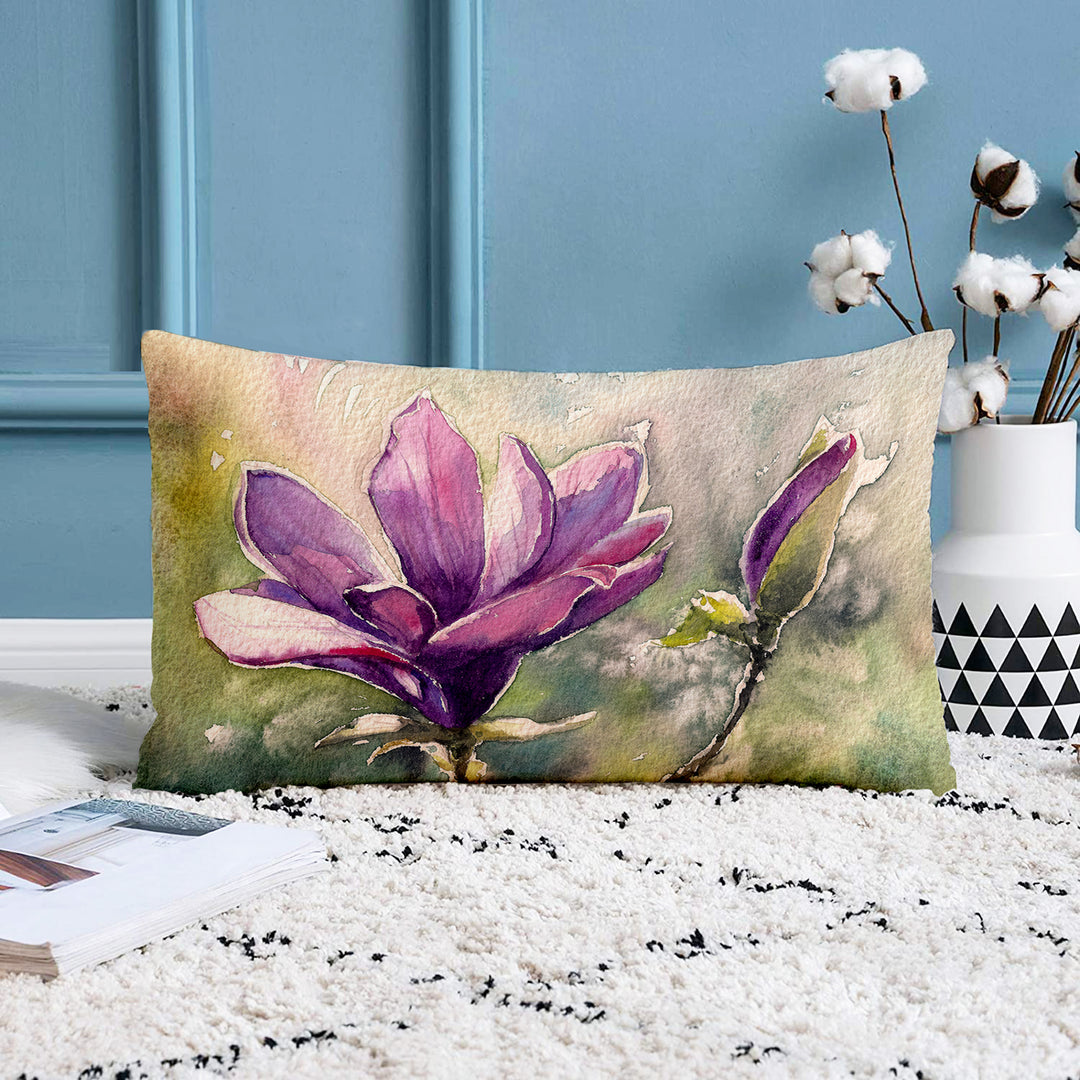 Floral Pink Flower Printed Canvas Cotton Rectangular Cushion Covers, Set of 2 (12 x 18 Inches)