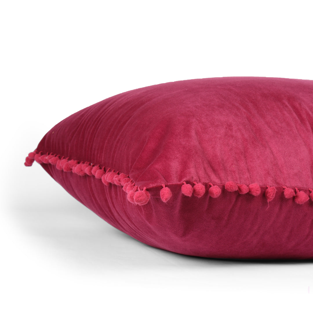 Velvet Cushion Covers Adorned With Pom Poms Set of 2, Maroon