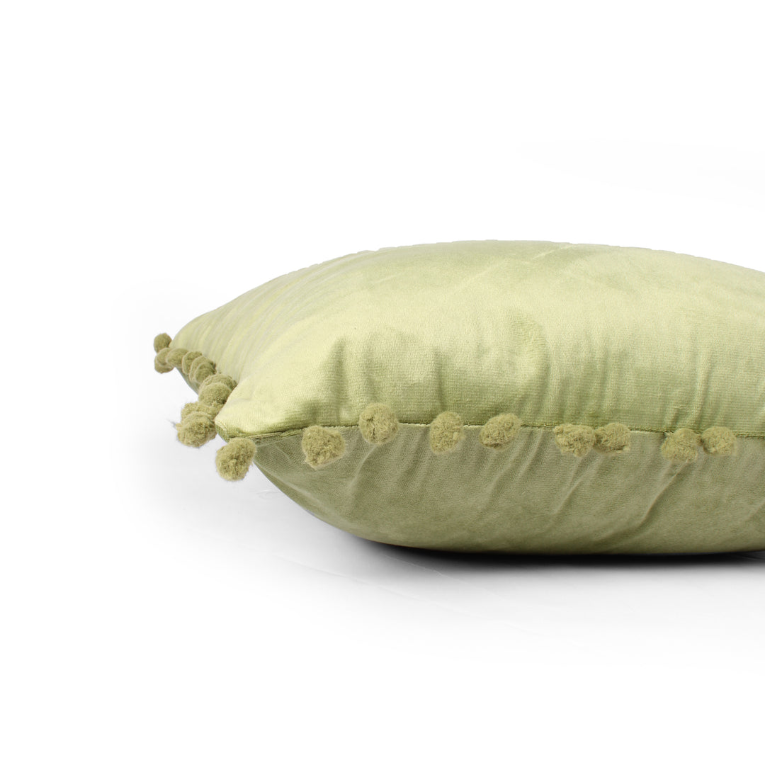 Velvet Cushion Covers Adorned With Pom Poms Set of 2, Mehndi