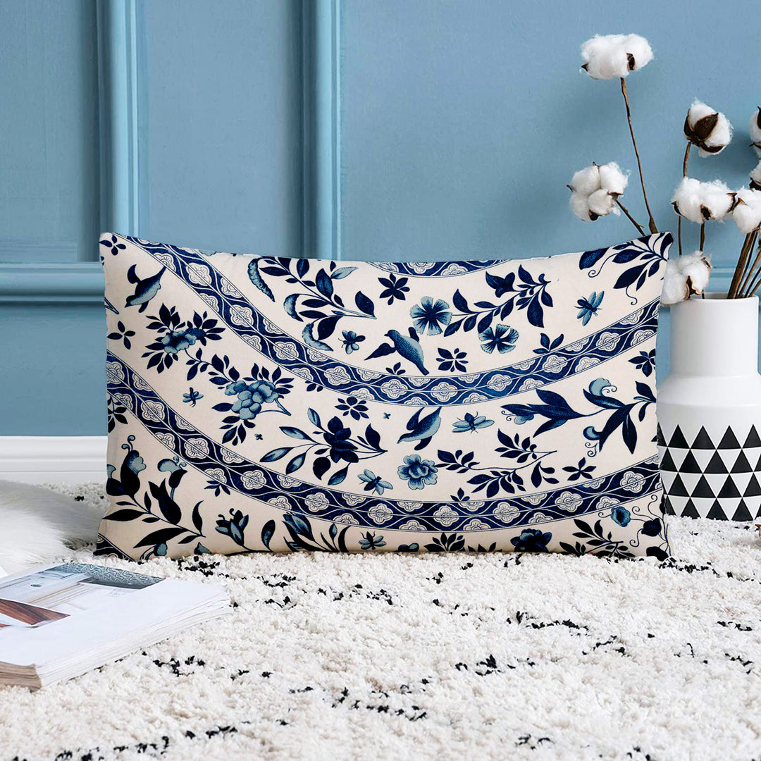 Ethnic Blue Printed Canvas Cotton Rectangular Cushion Covers, Set of 2