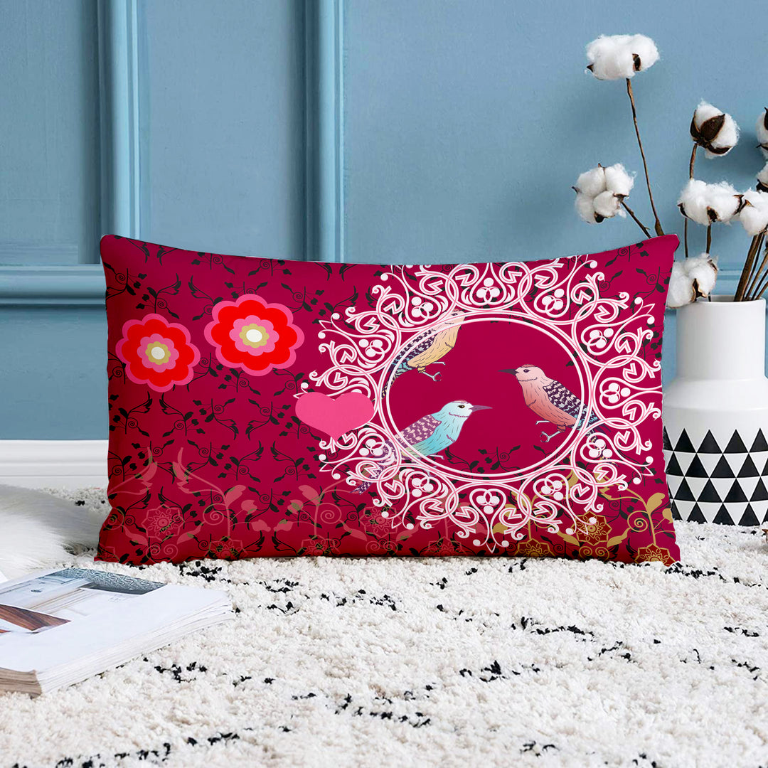 Pink Floral Bird Printed Canvas Cotton Rectangular Cushion Covers, Set of 2