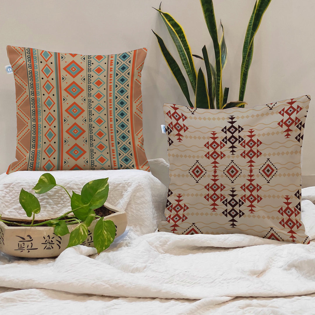 Ethnic Geometrical Printed Canvas Cotton Cushion Covers, Set of 2