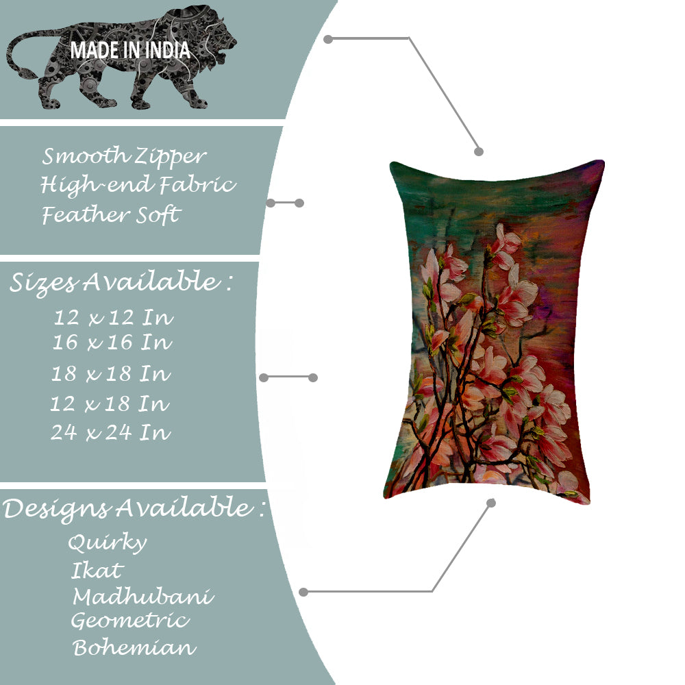Floral Pink Flower Printed Canvas Cotton Rectangular Cushion Covers, Set of 2 (12 x 18 Inches)