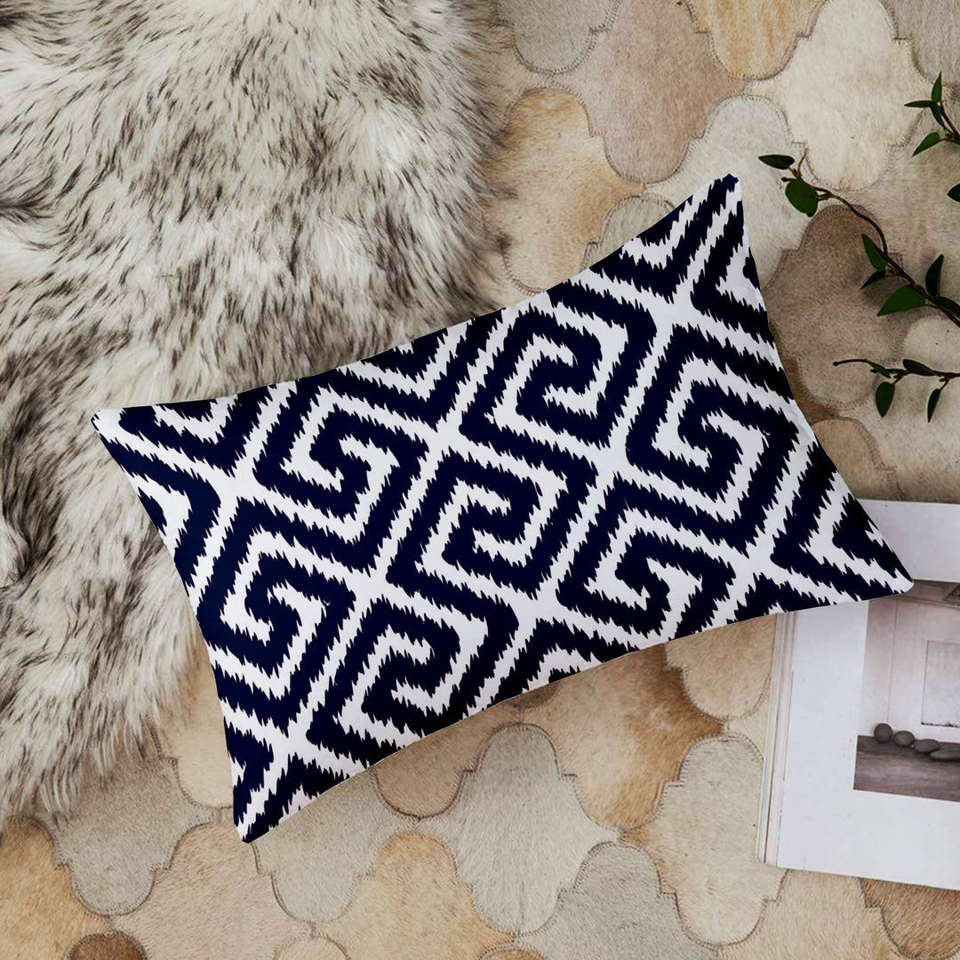 Ikat Blue Geometric Printed Cotton Canvas Rectangular Cushion Cover Pack of 2 ( 12 x 18 Inches )