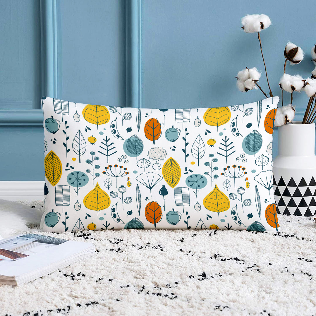 Multi-Color Leaf Printed Canvas Cotton Rectangular Cushion Covers, Set of 2