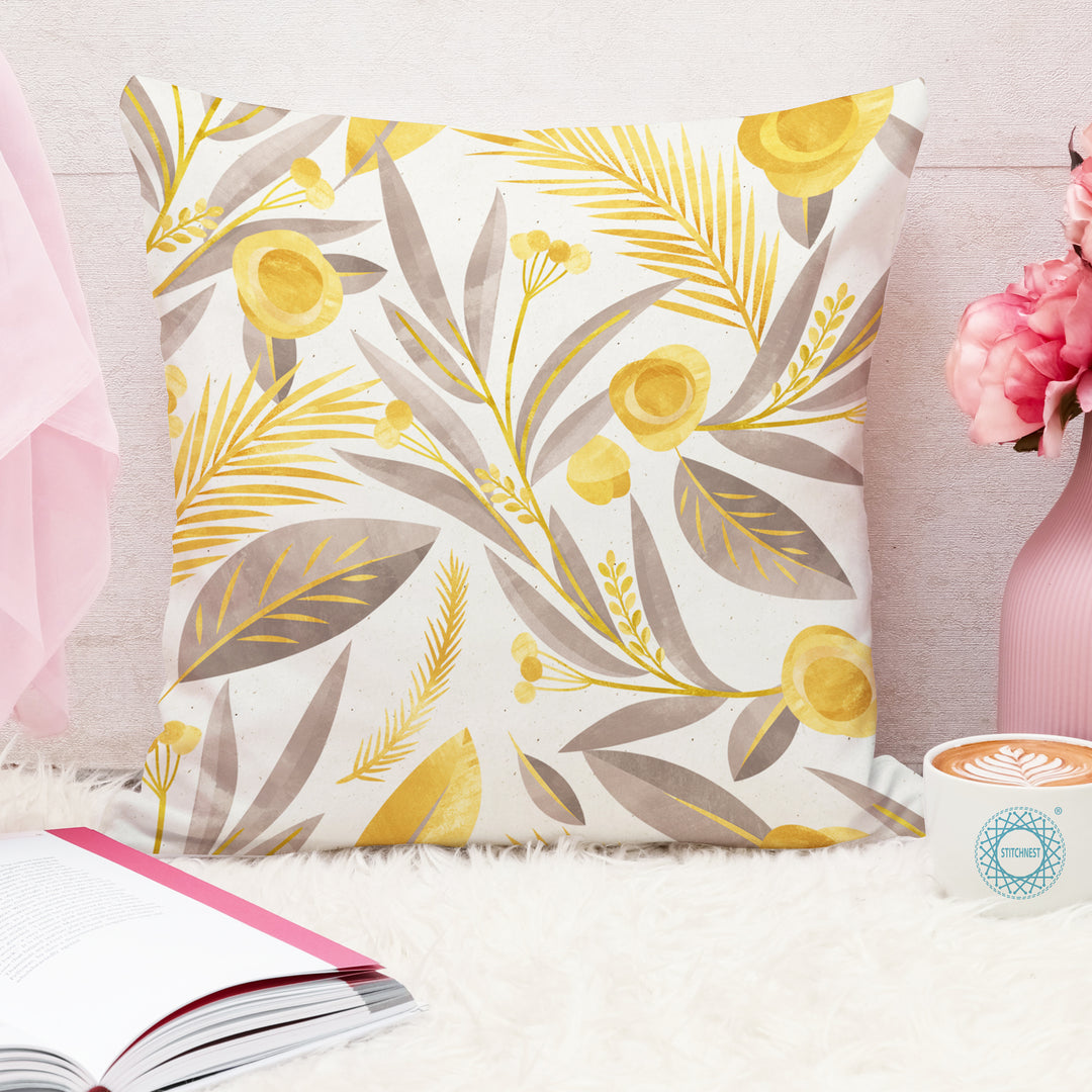 Yellow & Grey Floral Printed Canvas Cotton Cushion Covers, Set of 5