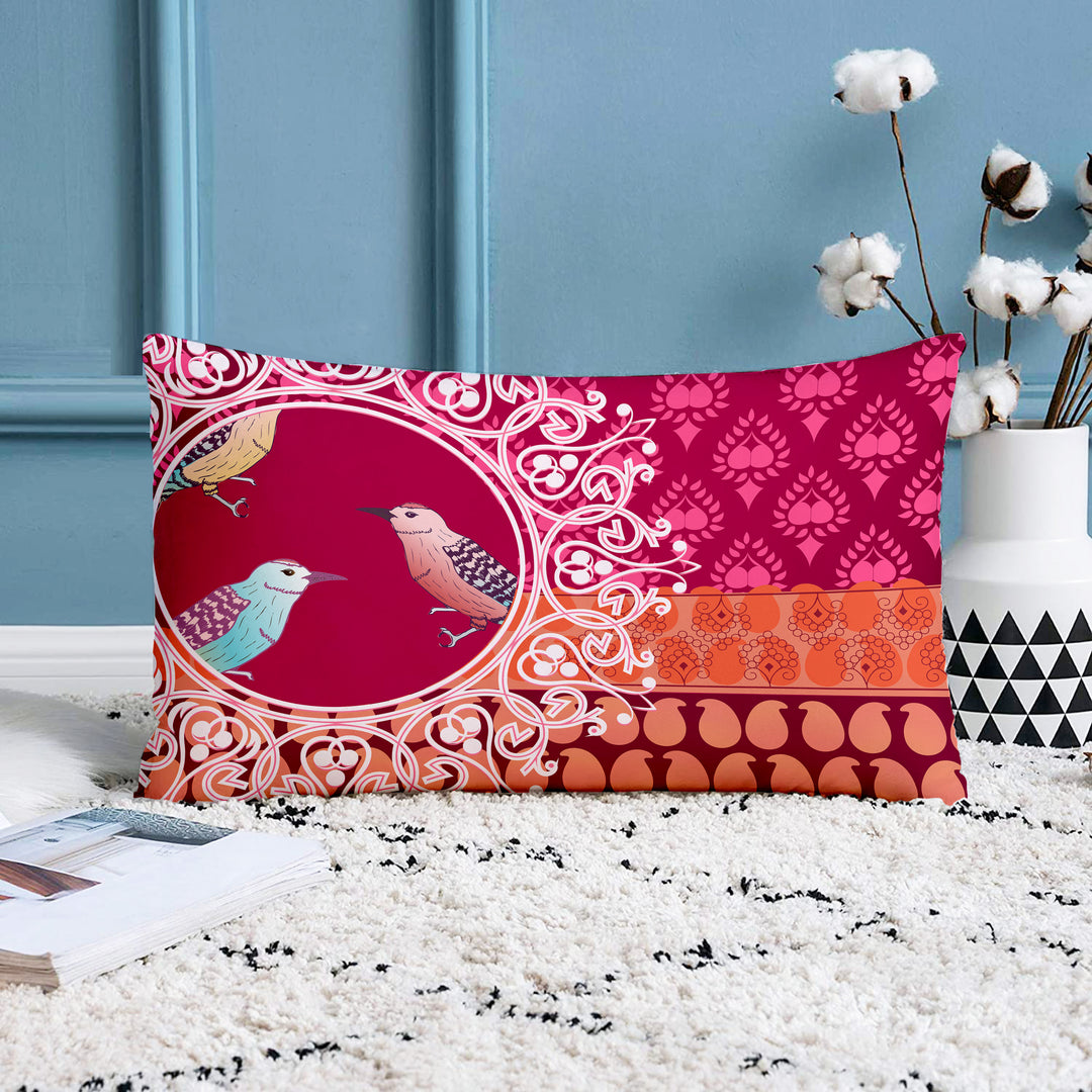 Pink Floral Bird Printed Canvas Cotton Rectangular Cushion Covers, Set of 2