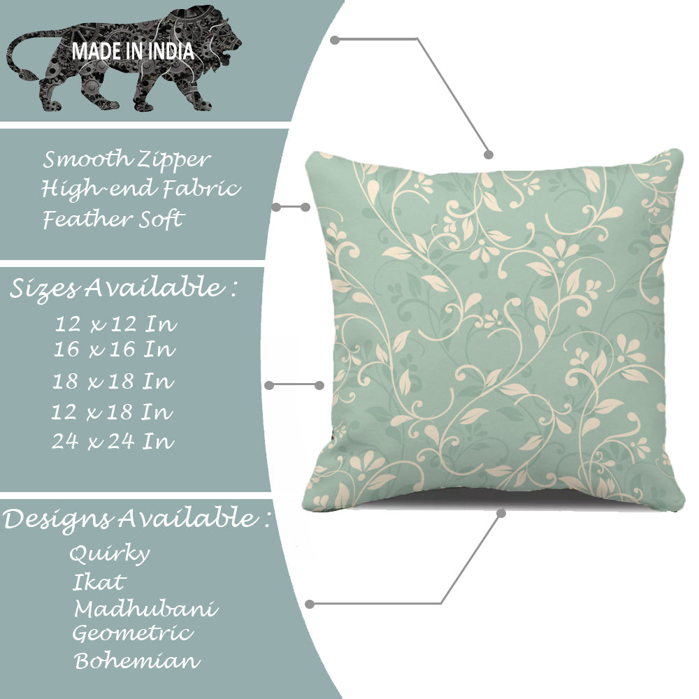 Teal Printed Canvas Cotton Rectangular Cushion Covers, Combo Set 5