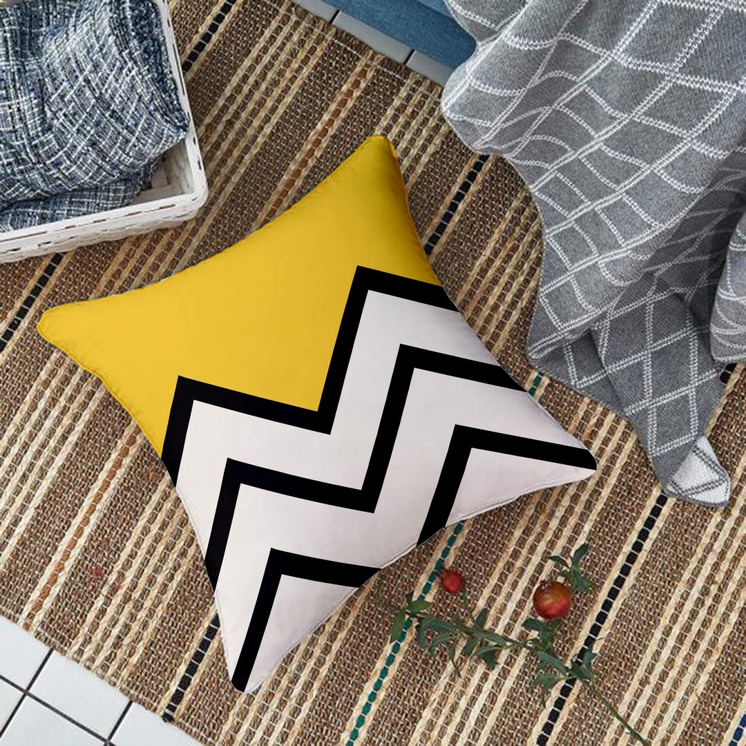 Yellow & Black Geometrical Printed Canvas Cotton Cushion Covers, Set of 5