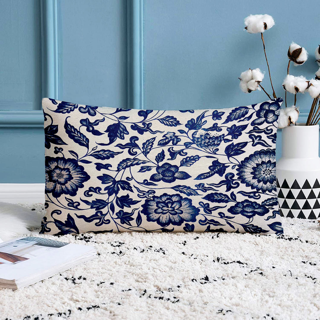 Ethnic Blue Printed Canvas Cotton Rectangular Cushion Covers, Set of 2