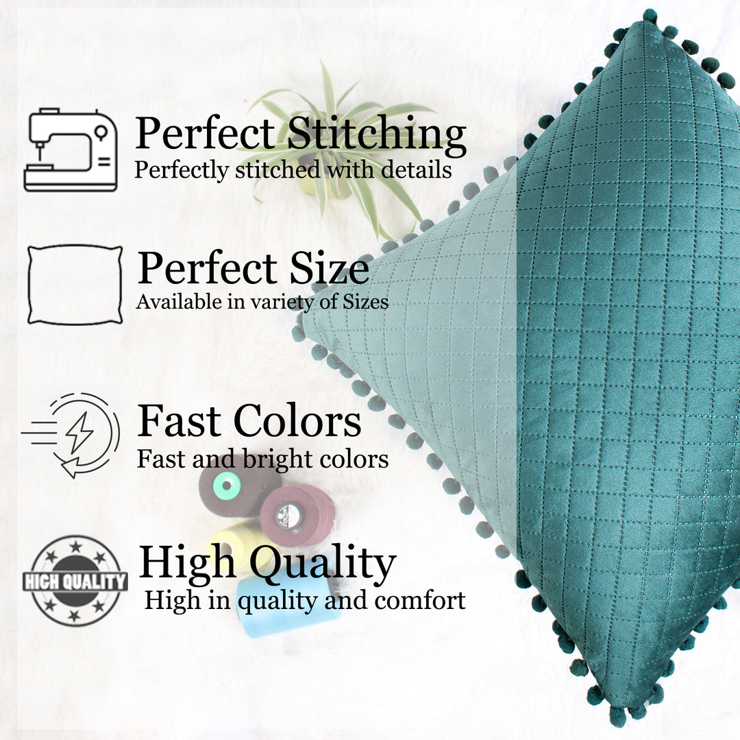 Both Side with PomPom Quilted Velvet Cushion Cover (Set of 2), Green