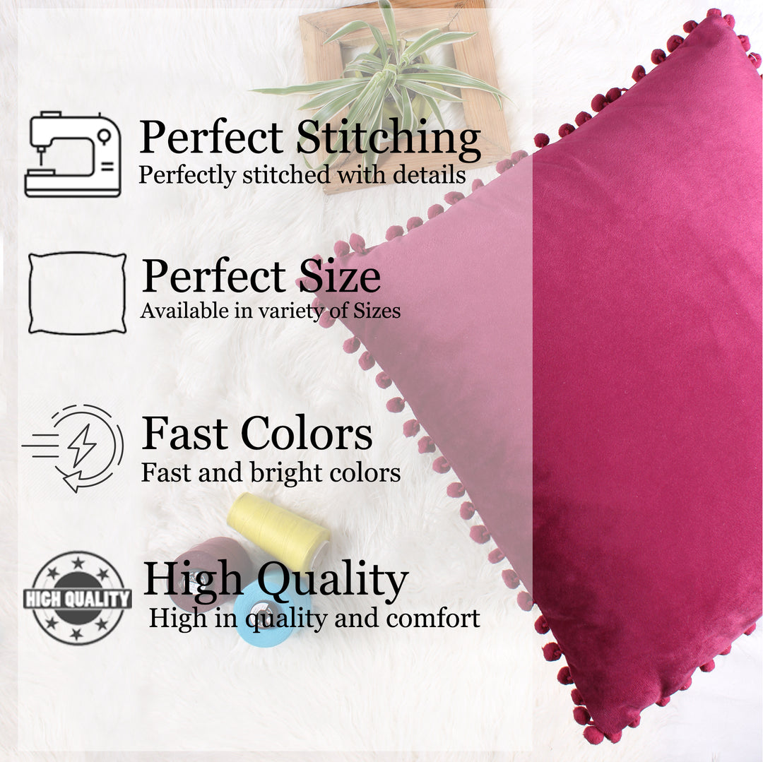Velvet Cushion Covers Adorned With Pom Poms Set of 2, Maroon