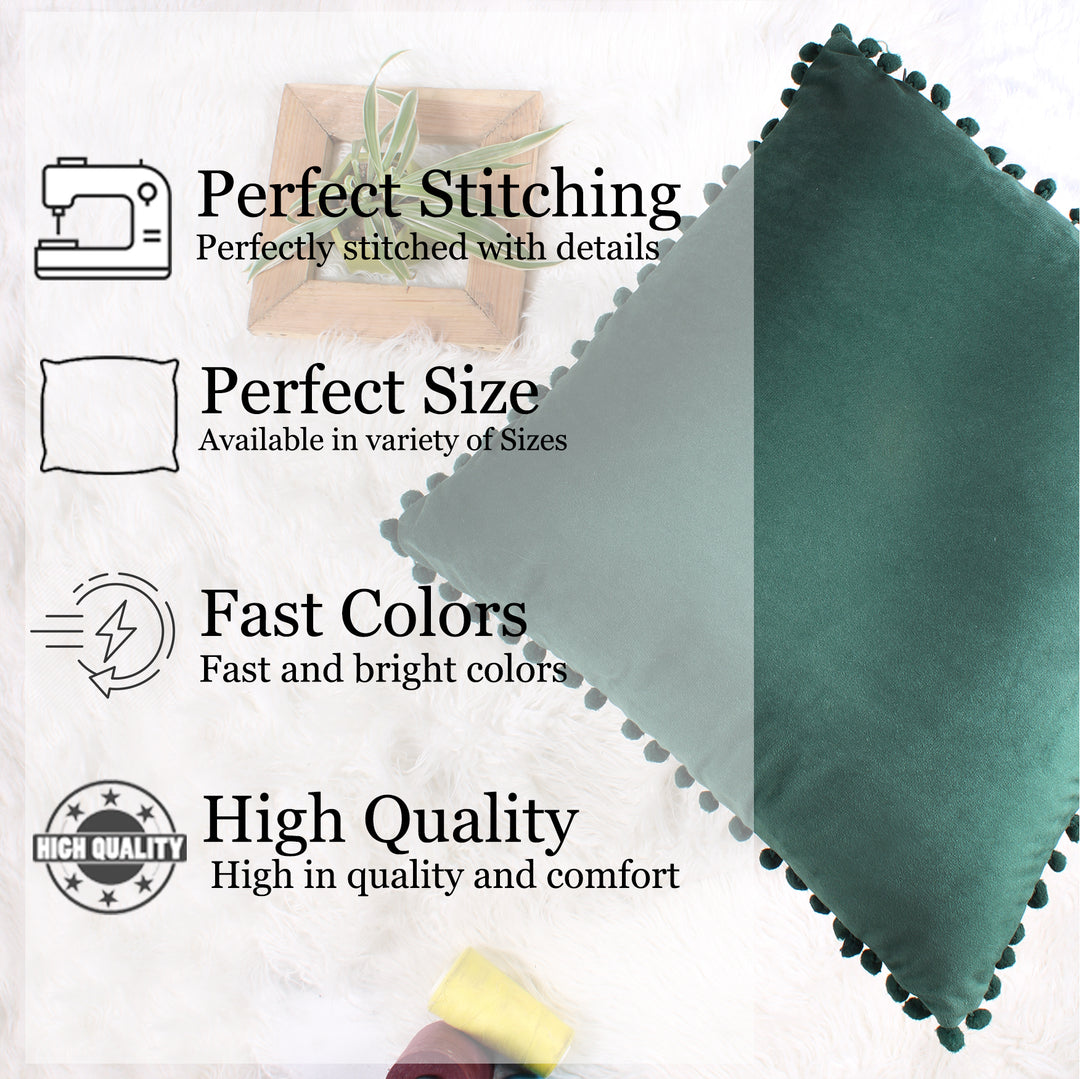 Velvet Cushion Covers Adorned With Pom Poms Set of 2, Green