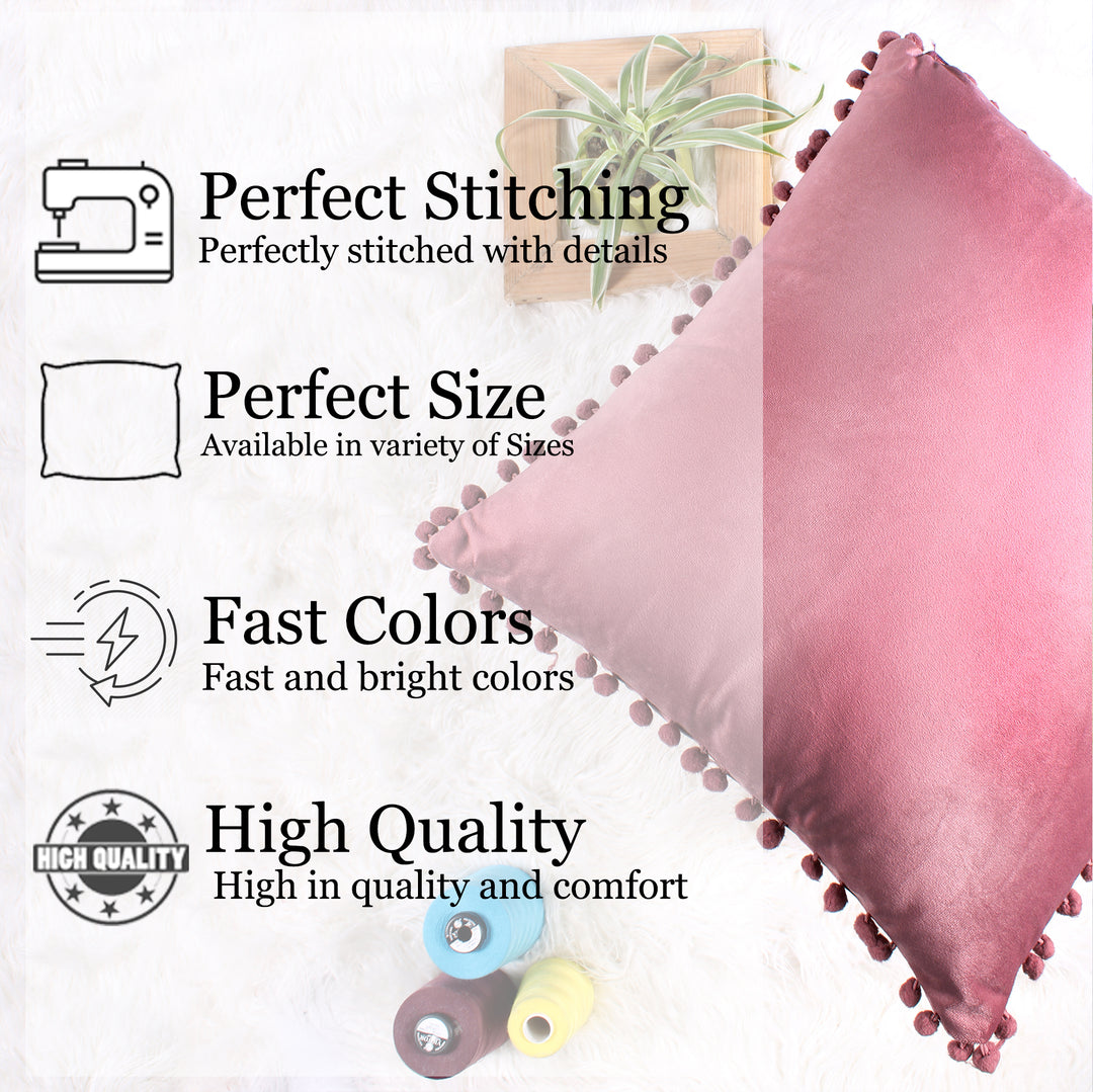 Velvet Cushion Covers Adorned With Pom Poms Set of 5, Peach