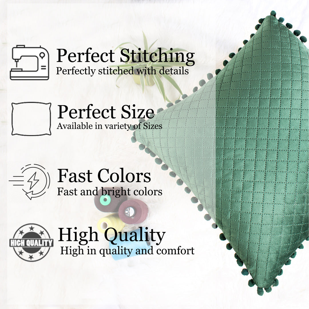 Both Side with PomPom Quilted Velvet Cushion Cover (Set of 2), Green
