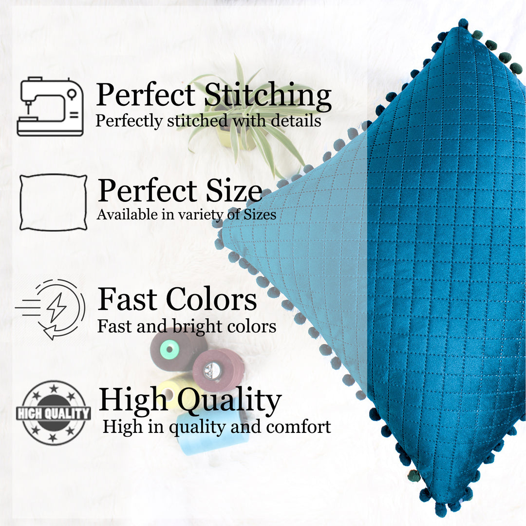 Both Side with PomPom Quilted Velvet Cushion Cover (Set of 2), Blue