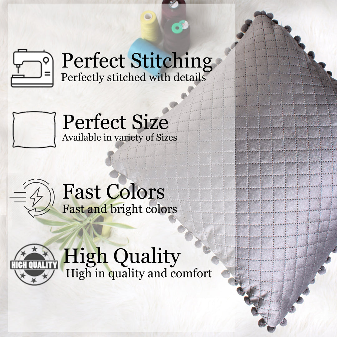Both Side with PomPom Quilted Velvet Cushion Cover (Set of 2), Grey