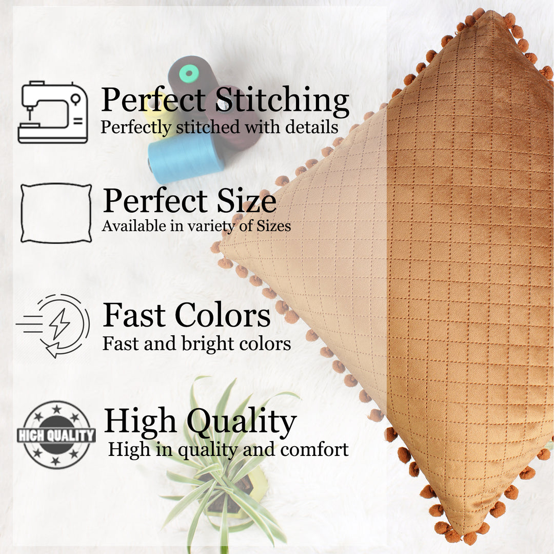 Both Side with PomPom Quilted Velvet Cushion Cover (Set of 5), Brown