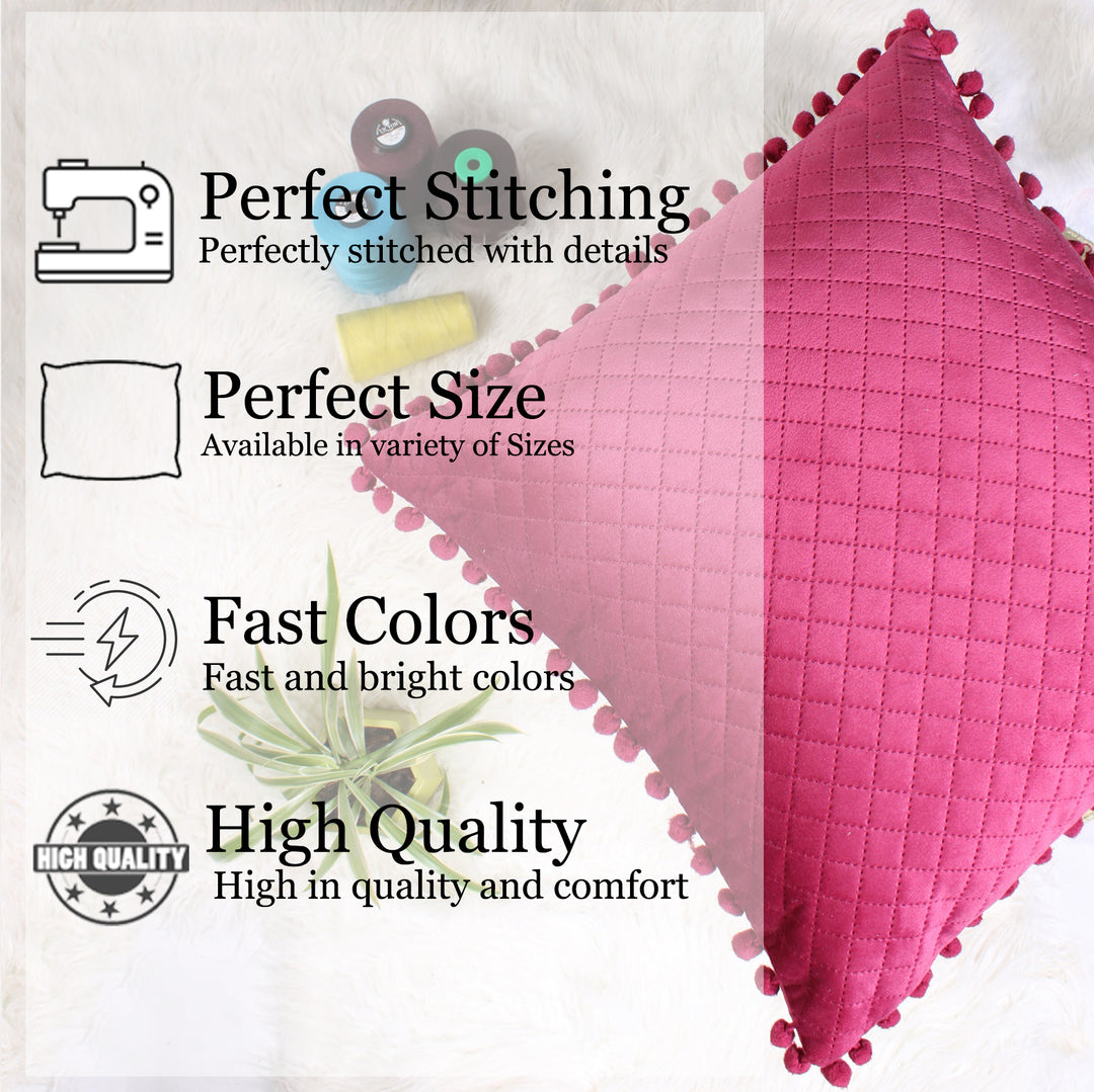Both Side with PomPom Quilted Velvet Cushion Cover (Set of 2), Maroon