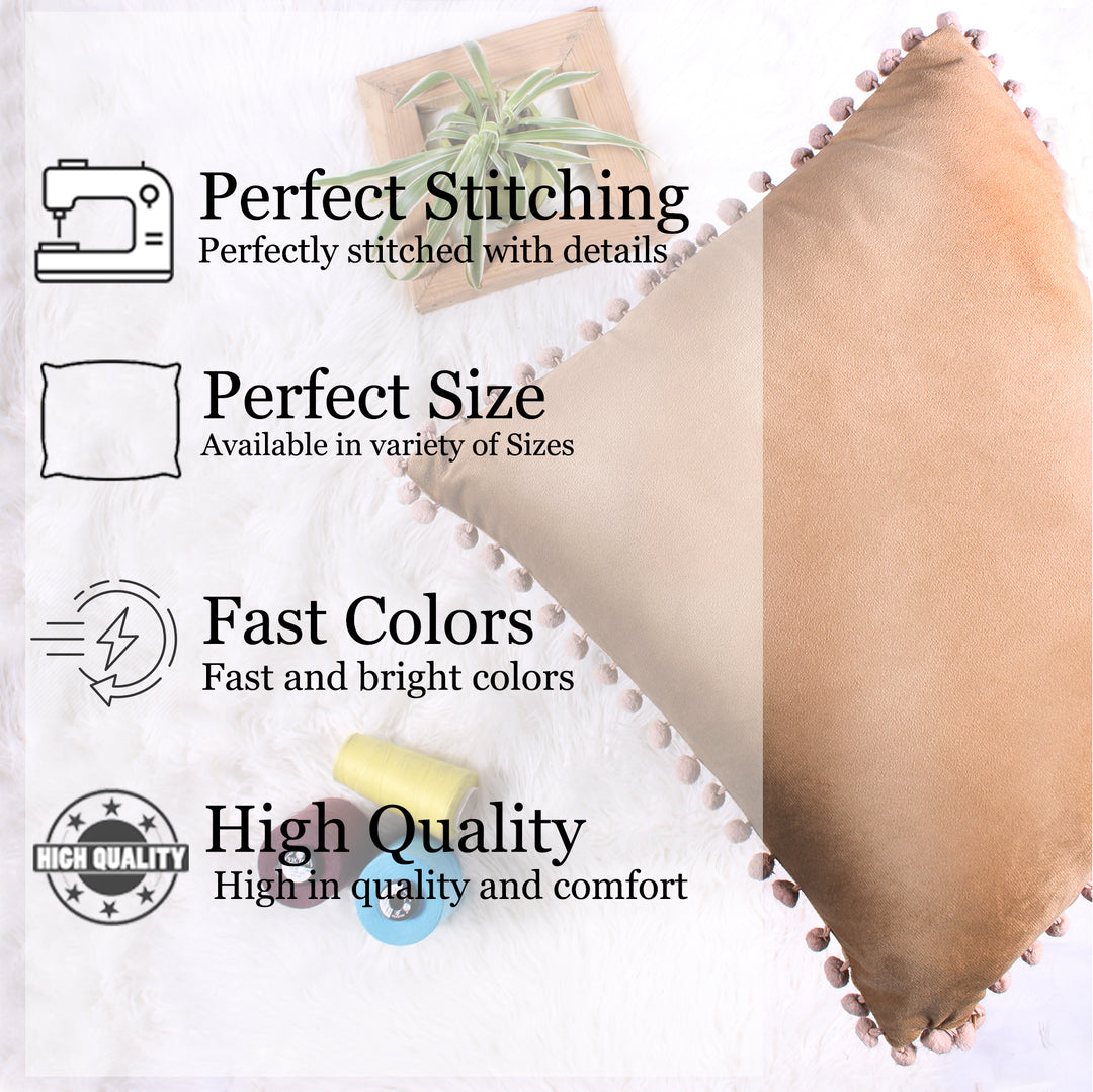 Velvet Cushion Covers Adorned With Pom Poms Set of 5, Brown